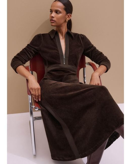 ME+EM Black Ponte Collared Cord Velour Midi Dress