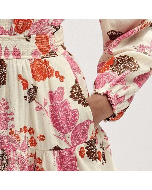 ME+EM Red Cheesecloth Bali Print Fit And Flare Dress Cream//Multi