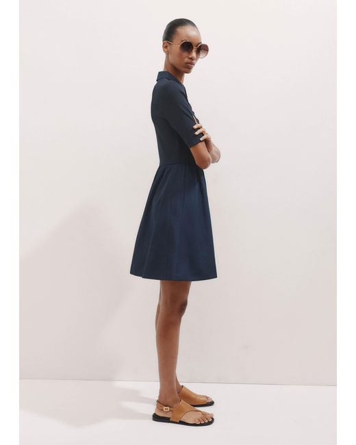 ME+EM Blue Mixed Media Shirt Collar Short Dress