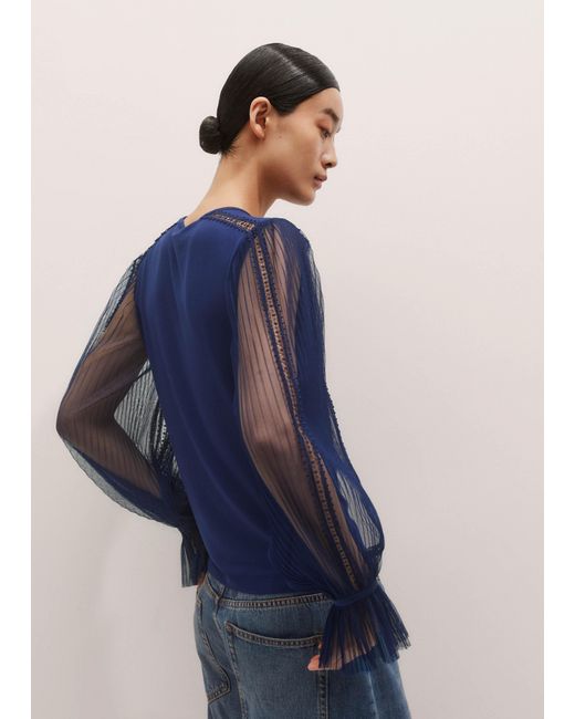 ME+EM Blue Lace Insert Tulle Layering Blouse