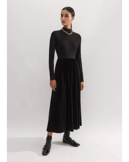 ME+EM Black Mixed-Media Velour Long Sleeve Maxi Dress