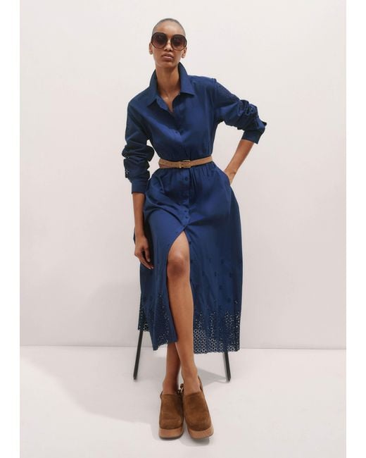 ME+EM Blue Cotton Broderie Border Maxi Shirt Dress + Belt Intense