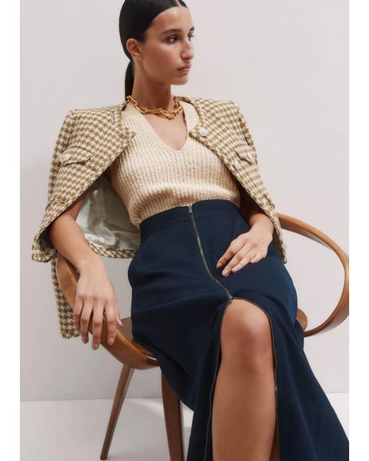 ME+EM Blue Luxe Travel Tailoring Zip-Front Midi Skirt
