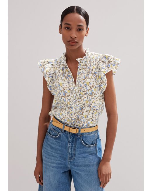 ME+EM Blue Cotton Floral Print Blouse