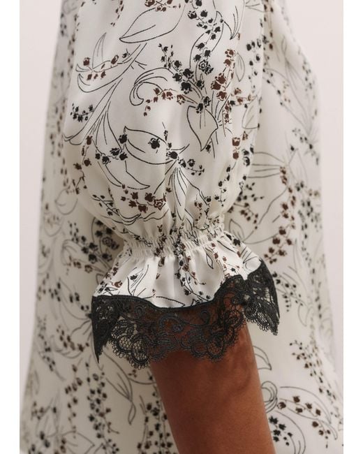 ME+EM Gray Silk Lily Of The Valley Print Blouse + Tie