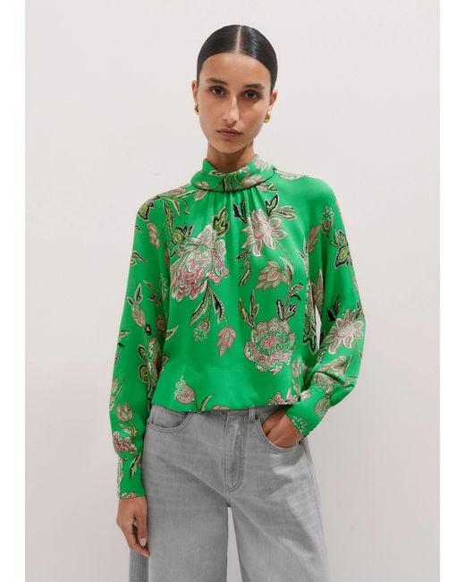 ME+EM Green Silk Rich Floral Print High Neck Top