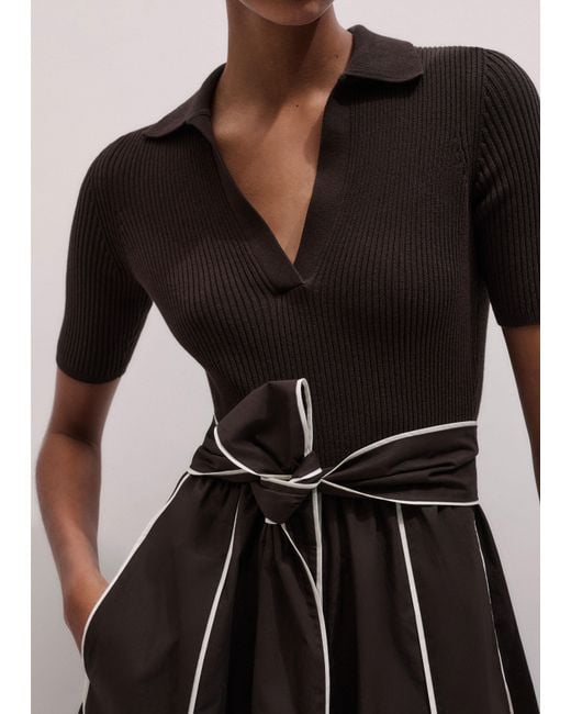 ME+EM Multicolor Mixed Media Fit And Flare Midi Dress + Belt-Light Cream