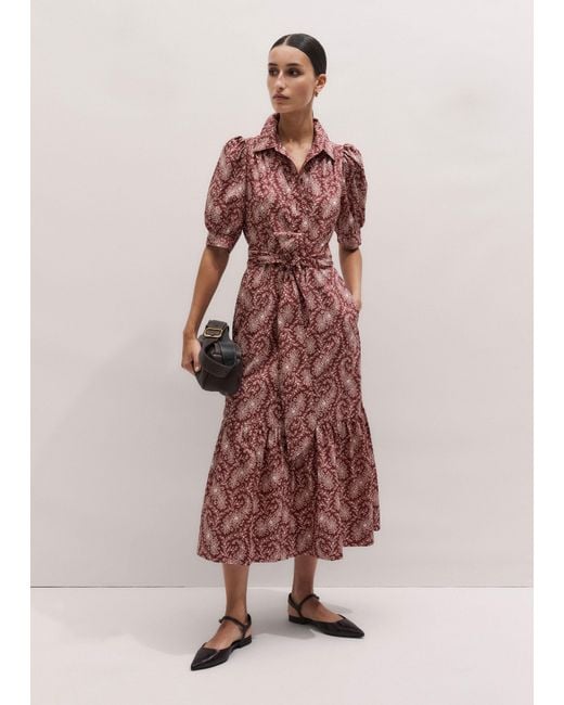 ME+EM Pink Cotton Dotted Floral Paisley Midi Shirt Dress + Belt