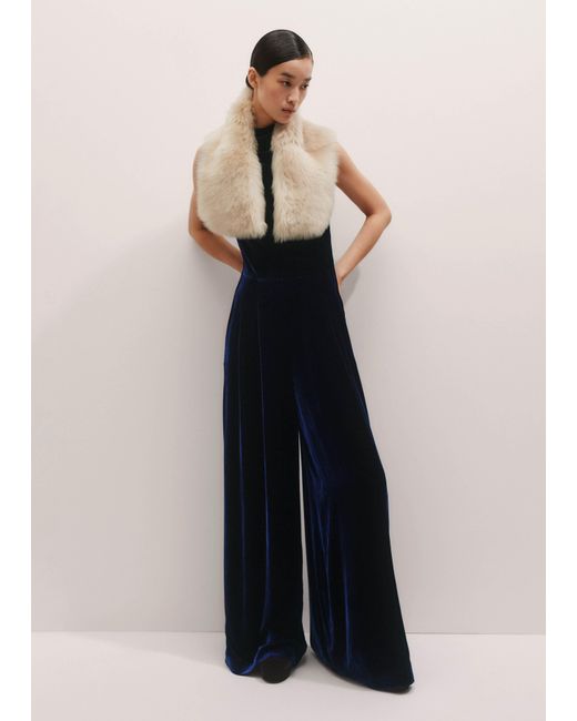 ME+EM Blue Silk Blend Velvet Dropped Neckline Jumpsuit