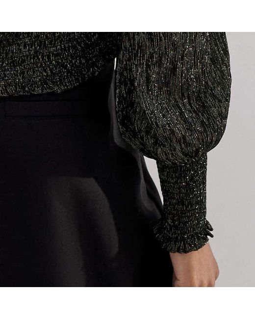 ME+EM Black Metallic Crinkle Smocked Blouse