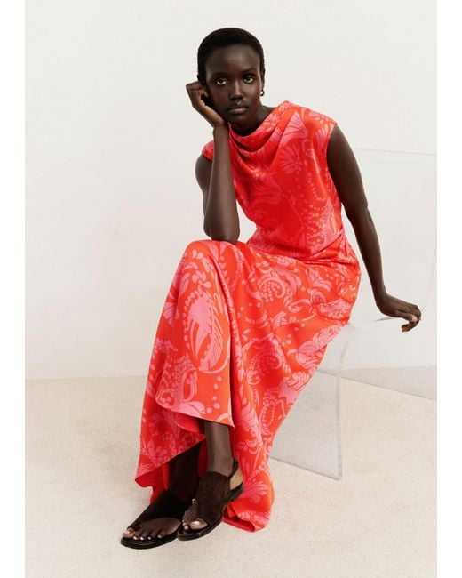ME+EM Red Stylised Silhouette Print Bias Cut Full Length Dress