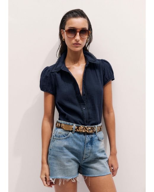 ME+EM Blue Cheesecloth Cap-Sleeve Blouse