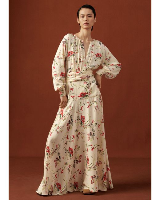 ME+EM Natural Silk Delicate Bloom Print Floor-length Dress