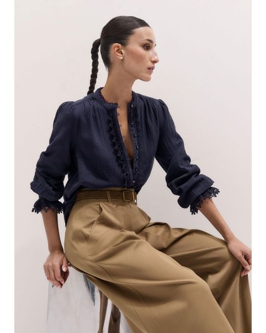 ME+EM Blue Cheesecloth Intricate Detail Blouse