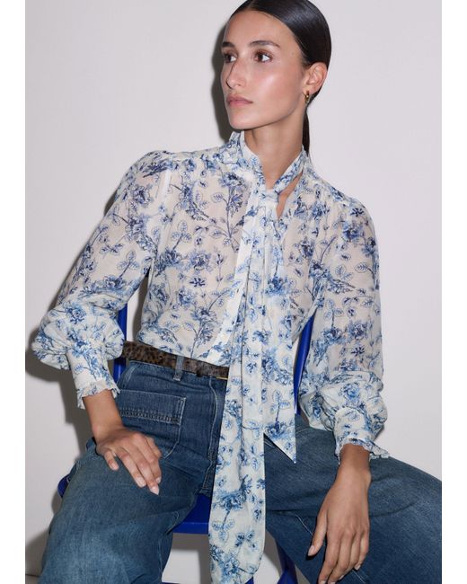 ME+EM Gray Silk Cotton Blend Floral Print Blouse + Tie