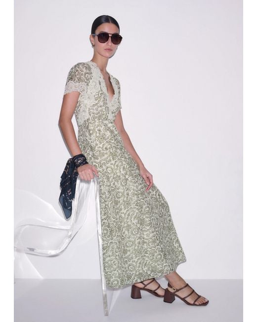 ME+EM Multicolor Silk Cotton Entangled Lace Print Maxi V Neck Dress-Light Cream