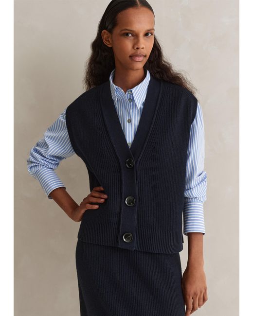 ME+EM Blue Cotton Merino Rib Relaxed Buttoned Vest