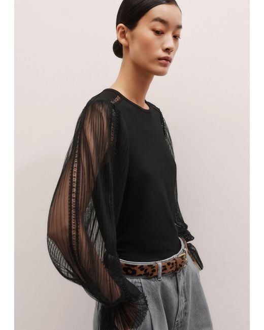 ME+EM Black Lace Insert Tulle Layering Blouse