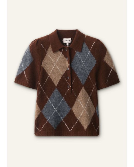 ME+EM Blue Merino Cashmere Silk Argyle Pouf Sleeve Knit Tee
