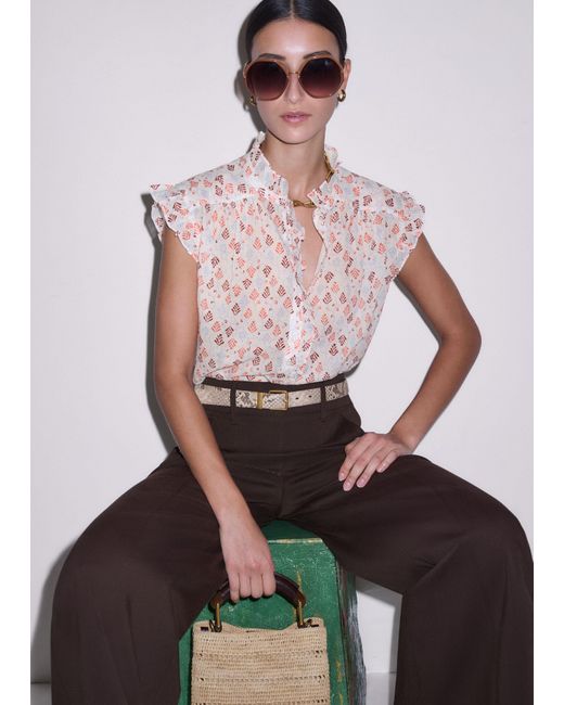 ME+EM Multicolor Cotton Geo Leaves Print Top Light Cream-Multi