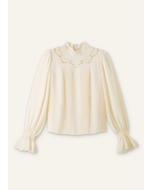 ME+EM Natural Silk Ornate Embroidered High-Neck Top