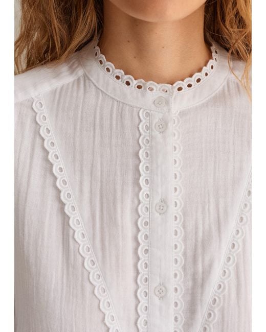 ME+EM Gray Cheesecloth Broderie Trim Blouse