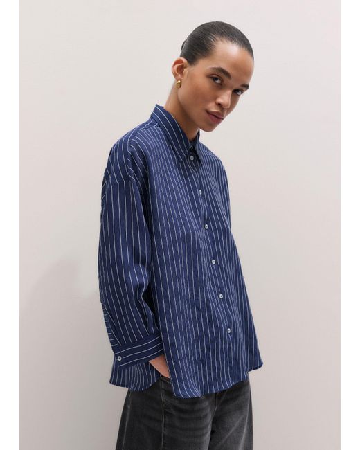ME+EM Blue Boxy Three Quarter Sleeve Striped Shirt