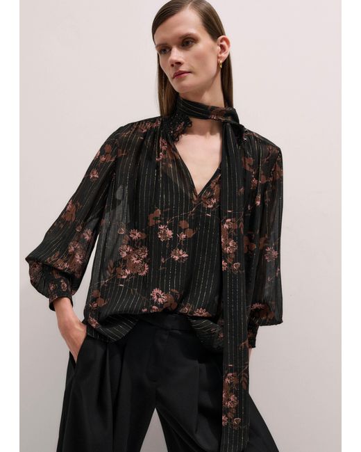 ME+EM Black Silk Blend Watercolour Print Swing Blouse With Tie + Cami/Multi