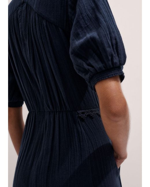 ME+EM Blue Fit & Flare Cheesecloth Intricate Detail Midi Dress