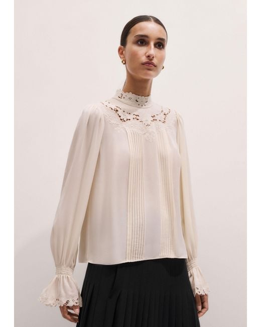 ME+EM Natural Silk Ornate Embroidered High-Neck Top