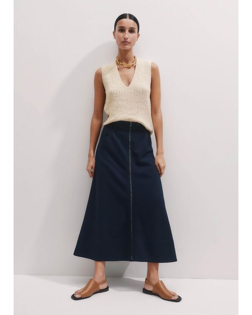 ME+EM Blue Luxe Travel Tailoring Zip-Front Midi Skirt
