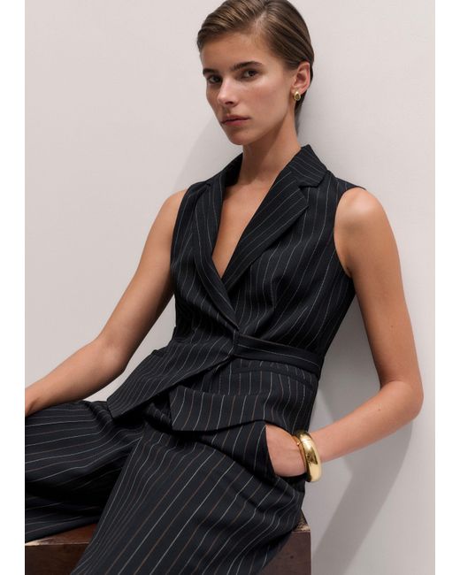 ME+EM Black Pinstripe Wrap Waistcoat