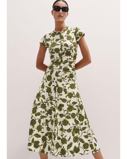 ME+EM White Midnight Hibiscus Print Crew Neck Midi Dress