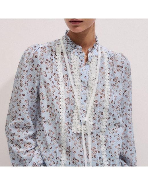 ME+EM Blue Scallop Daisy Print Trim Detail Blouse + Tie