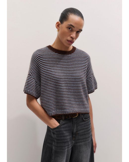 ME+EM Gray Wool Cashmere Silk Relaxed Crop Knit Tee Pecan-Chambray