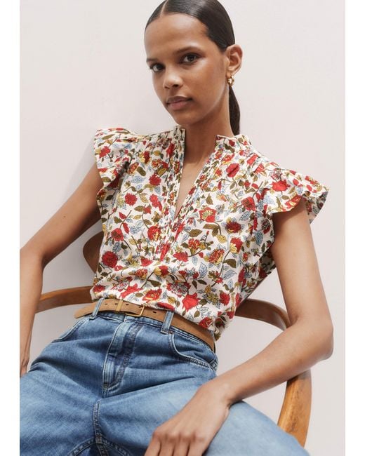 ME+EM Multicolor Cotton Voile Rosebush Print Blouse