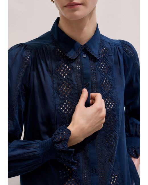 ME+EM Blue Cotton Voile Broderie Detail Shirt