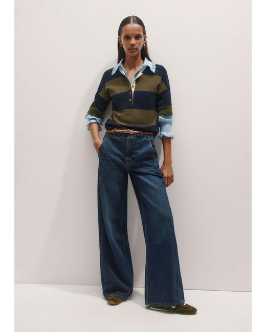 ME+EM Blue Silk Cotton Lace Trim Straight Blouse