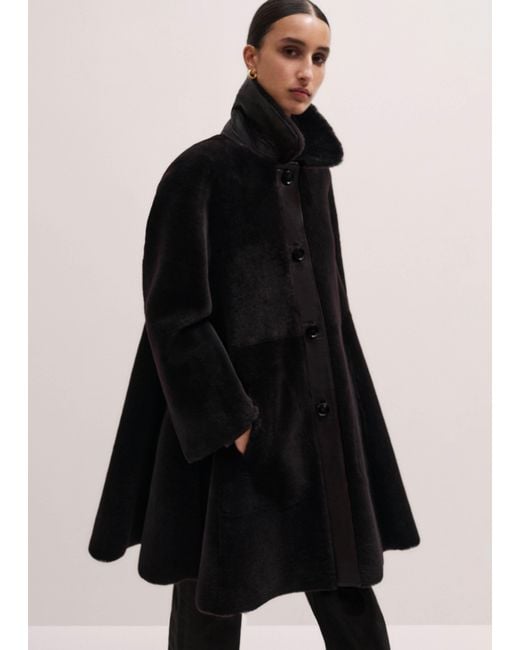 ME+EM Black Luxe Shearling Leather Mix Swing Coat