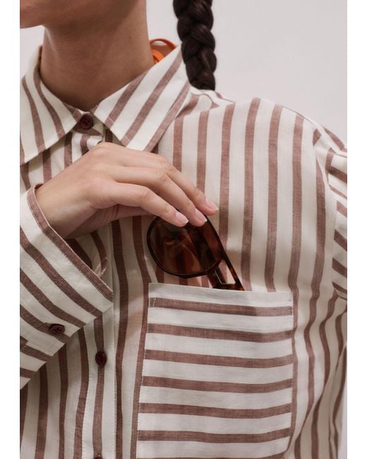 ME+EM Brown Cotton Voile Stripe Boyfriend Shirt Cinnamon-Light Cream