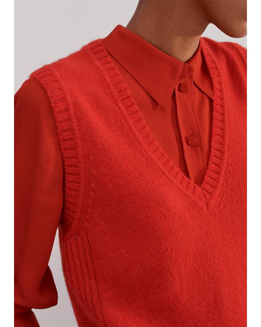 ME+EM Red Merino Cashmere Silk Lofty V-Neck Sweater Vest