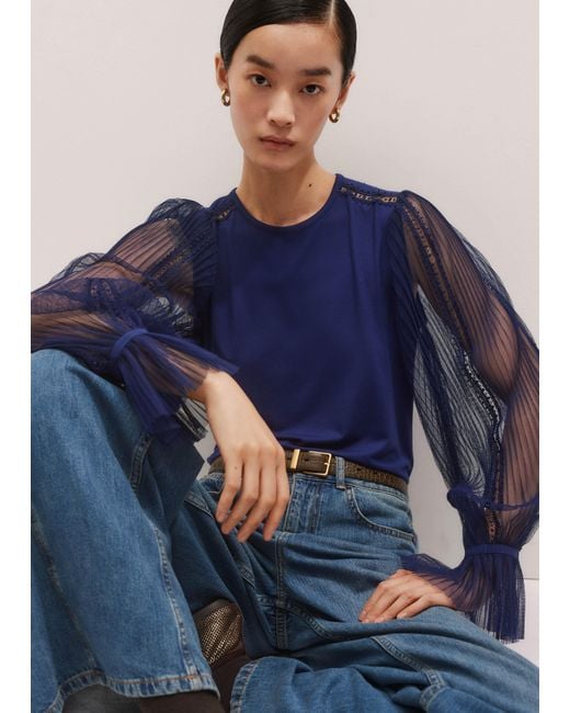 ME+EM Blue Lace Insert Tulle Layering Blouse