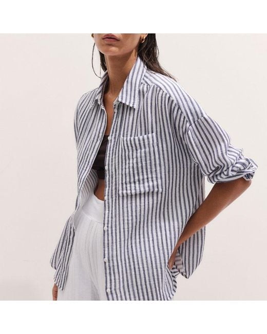 ME+EM Gray Cheesecloth Relaxed Striped Shirt