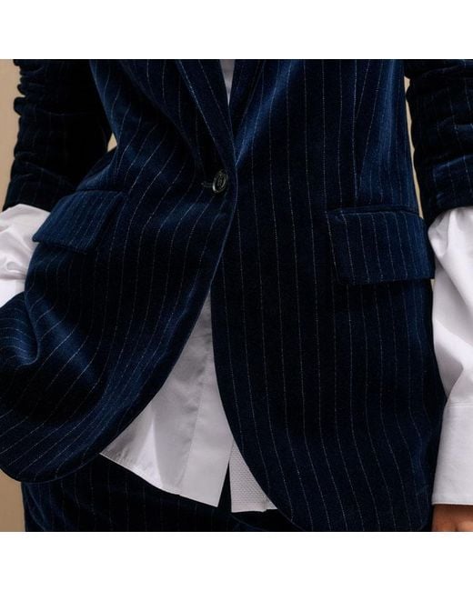 ME+EM Blue Pinstripe Velvet Sharp Shoulder Blazer