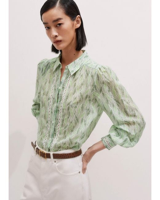 ME+EM Green Silk Cotton Climbing Feather Print Blouse