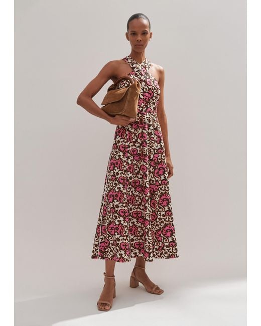 ME+EM Pink Linen-Blend Baroque Print Crossover Maxi Dress