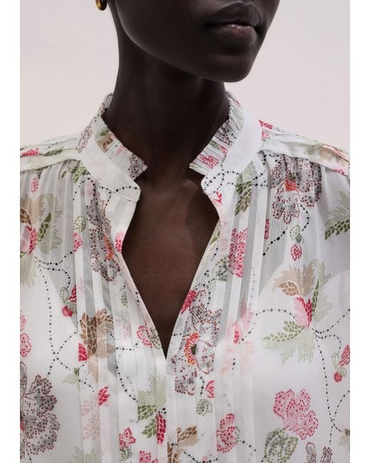 ME+EM Gray Silk Dotted Poppy Print Blouse With Cami + Tie