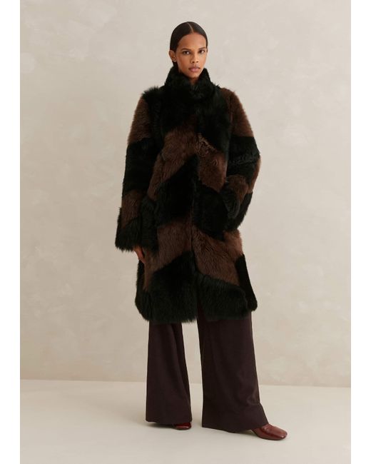 ME+EM Black Statement Shearling Patchwork Coat/Chocolate