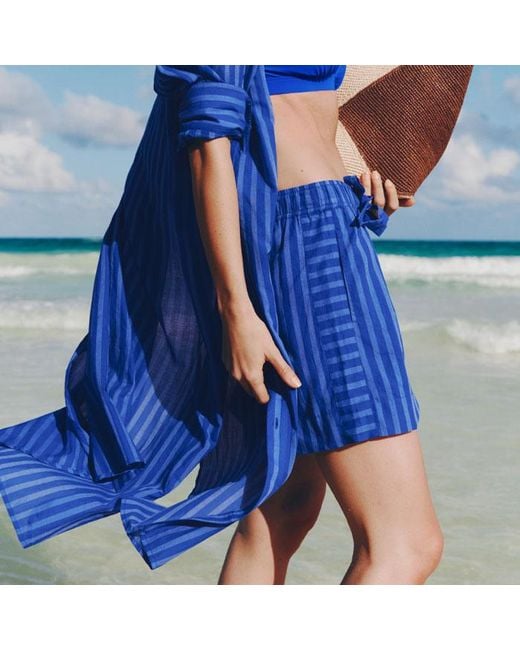 me and em beach midi shirt dress ME+EM Cotton Stripe Midi Shirt Dress Intense Blue-sky Blue - Women's - Cotton Voile