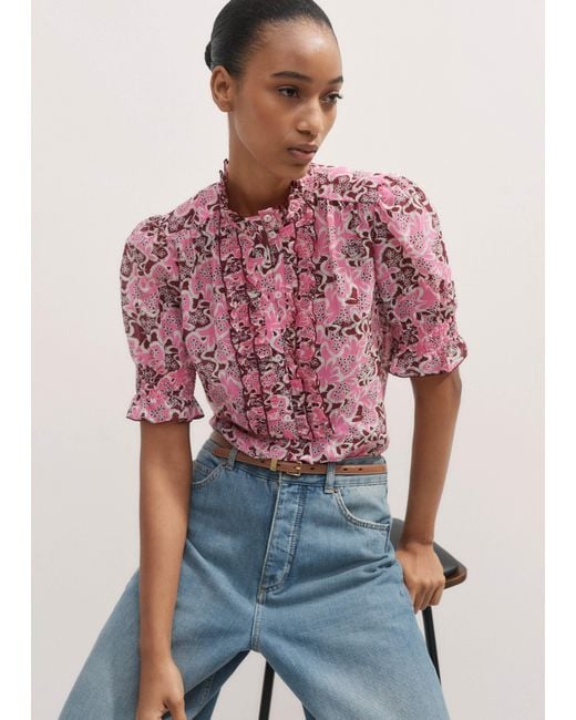 ME+EM Red Silk Cotton Floral Print Blouse